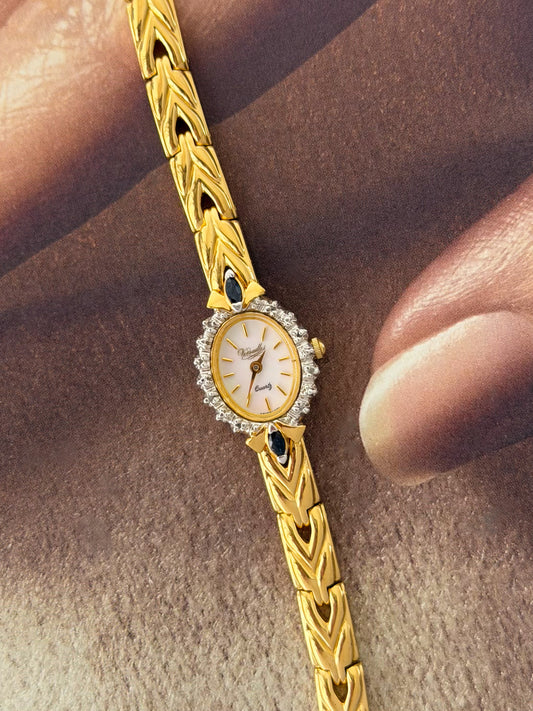 Vintage Gold Watch With Blue Gemstones and Diamond Accent