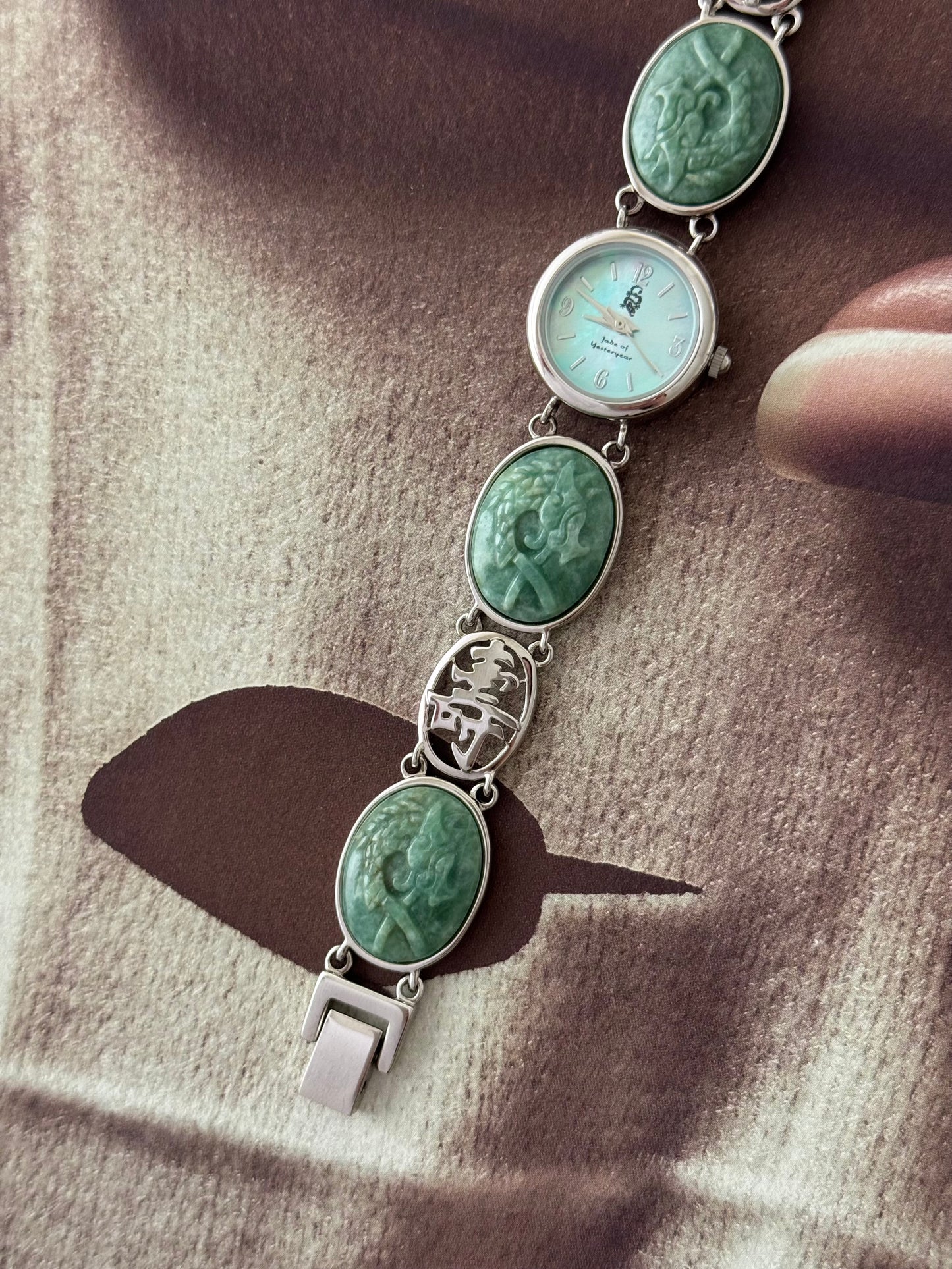 Vintage Jade of Yesteryear Watch With Carved Stone Band and Turquoise Mother of Pearl Dial