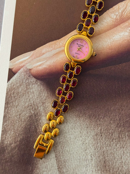 Vintage Marcel Drucker Watch With Pink Dial and Garnet Stone Band