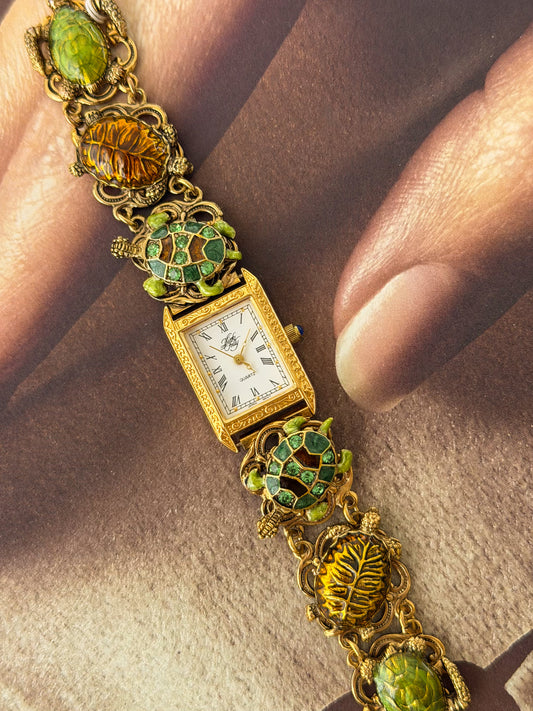 Rare and Whimsical Vintage Gold Kirks Folly Turtle Charm Bracelet Watch