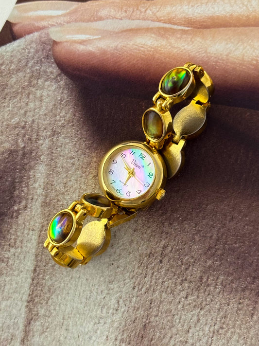 Vintage Gold Watch With Natural Abalone and Mother Of Pearl Dial