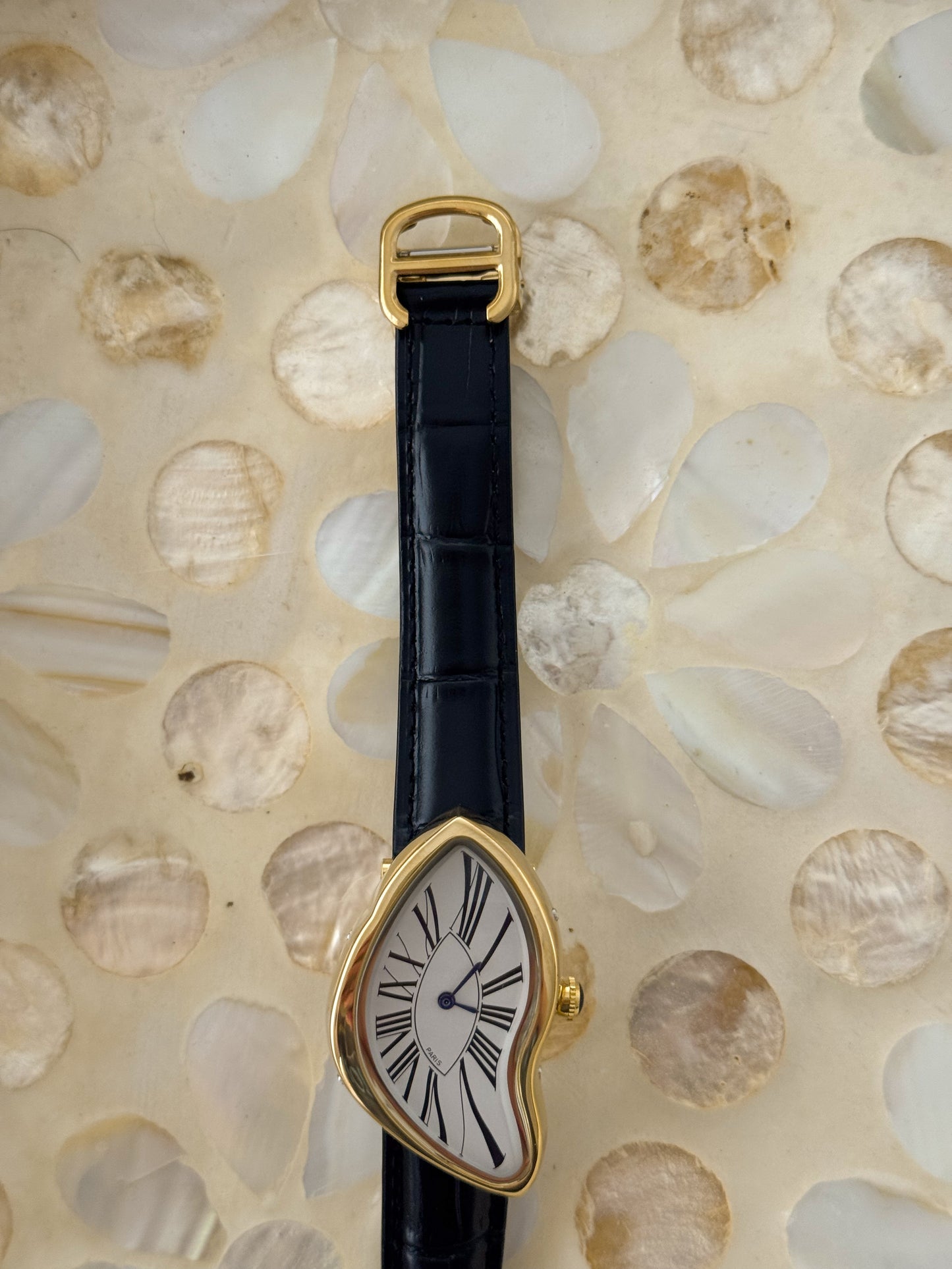 Y2K Vintage Inspired Gold Paris Dali Crash Melting Watch With Black Leather Band