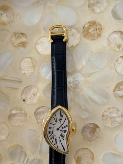 Y2K Vintage Inspired Gold Paris Dali Crash Melting Watch With Black Leather Band