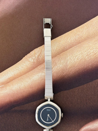 Vintage Silver Seiko Watch With Navy Blue Hexagon Dial