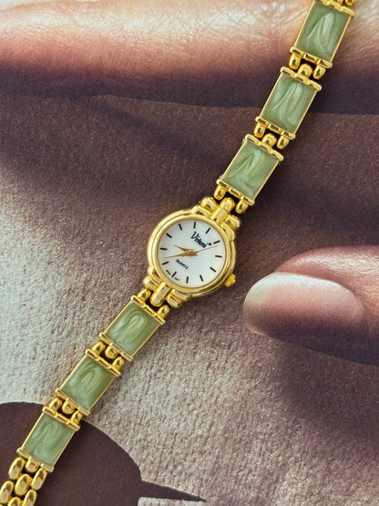 Vintage Vivani Gold Watch With Swirl Green Stone Band