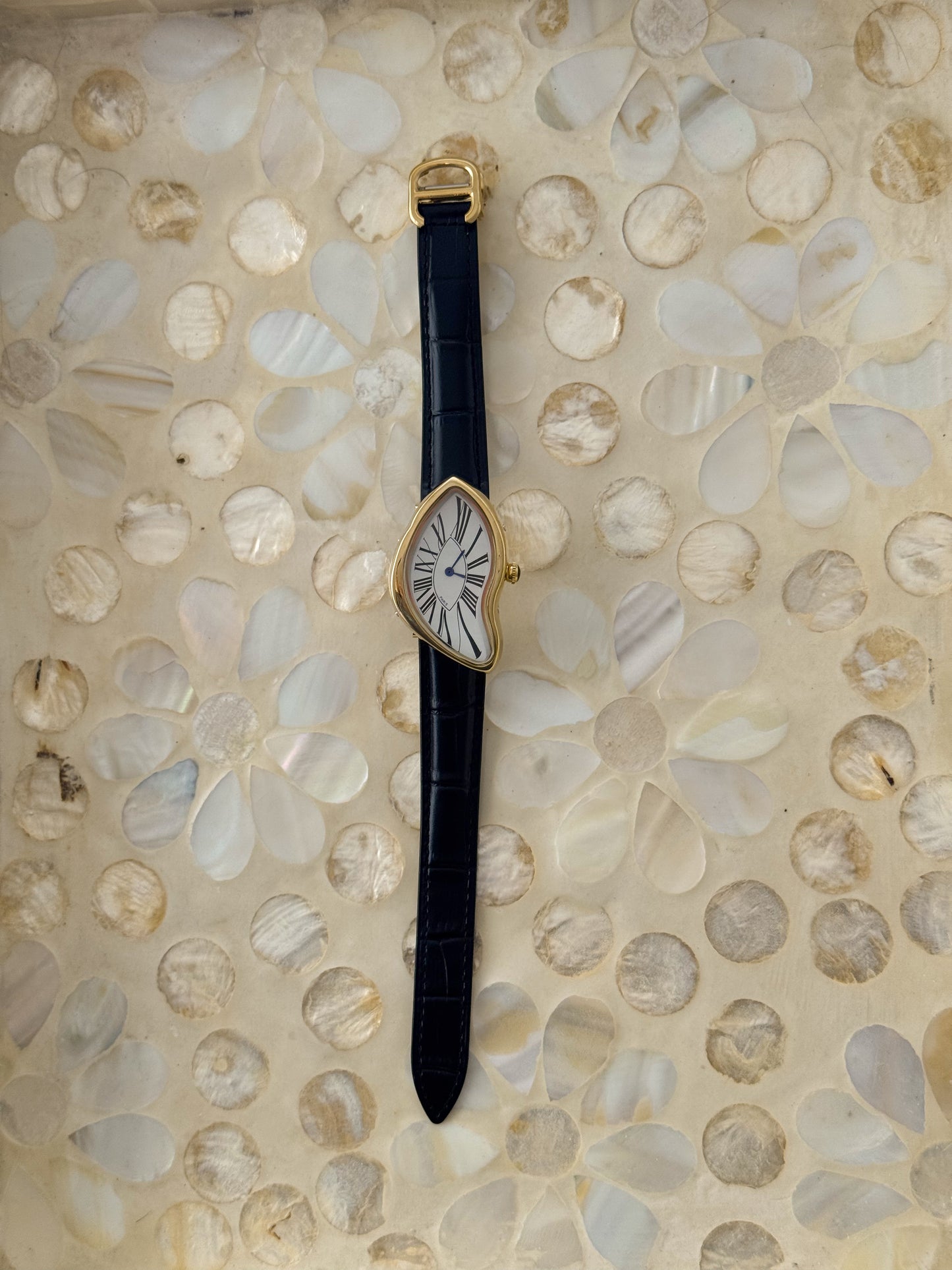 Y2K Vintage Inspired Gold Paris Dali Crash Melting Watch With Black Leather Band