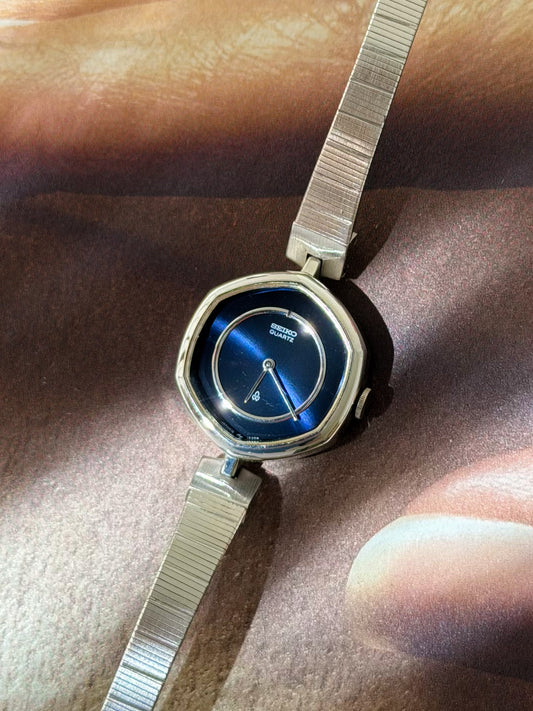 Vintage Silver Seiko Watch With Navy Blue Hexagon Dial