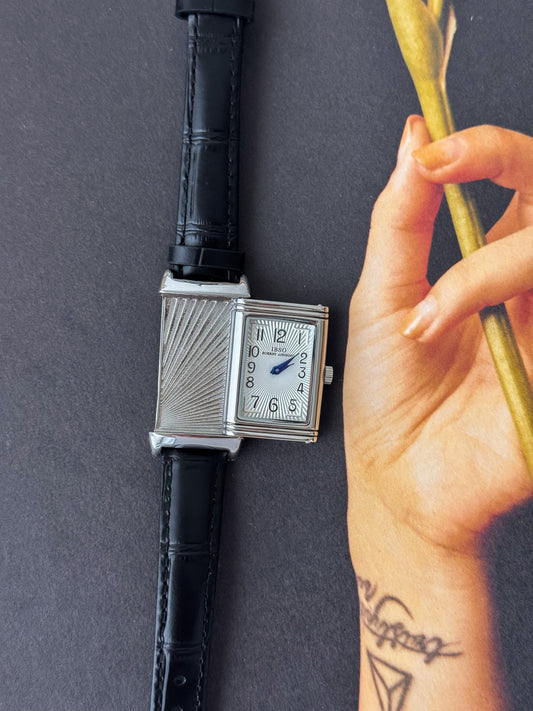 Reverso Style Silver Watch With Black Leather Band