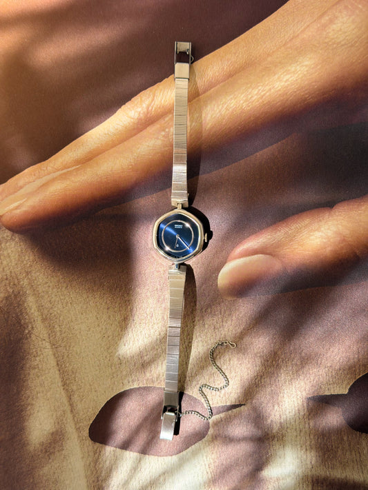 Vintage Silver Seiko Watch With Navy Blue Hexagon Dial