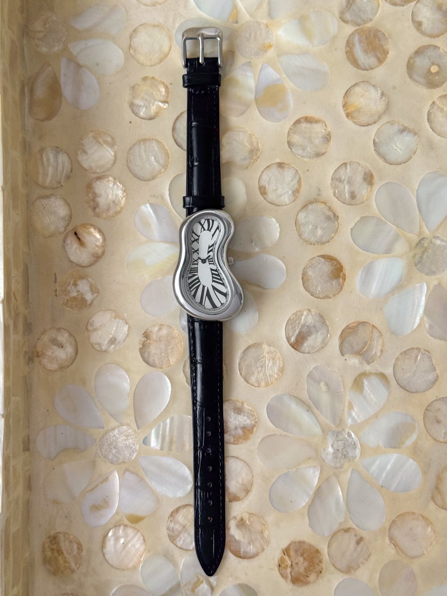 Black Leather Band Salvador Dali Style Watch Silver Exaequo Inspired Softwatch