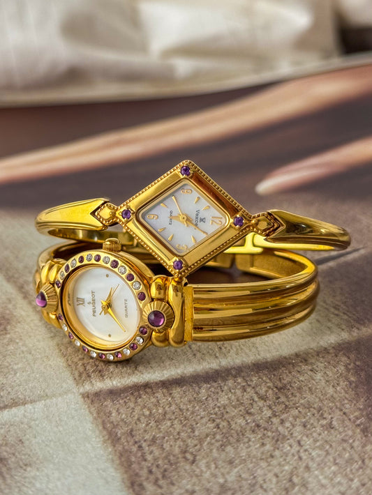 (Select a watch) Vintage Gold Bangle Watches With Purple Stones