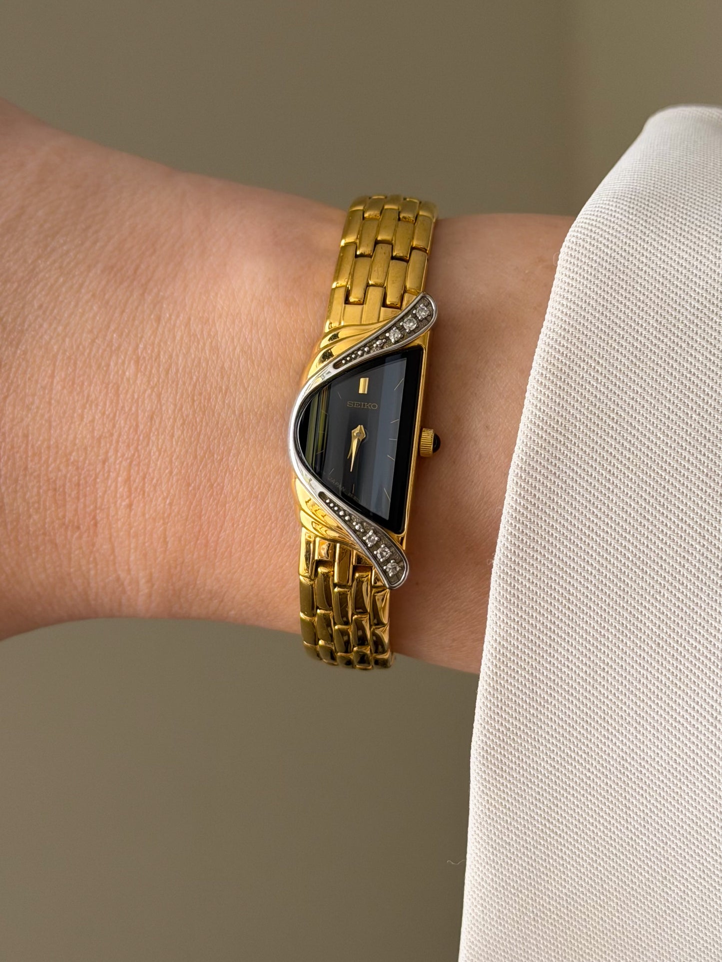 RARE Vintage 1990s Gold Seiko Half Moon Watch With 6 Diamond Accent