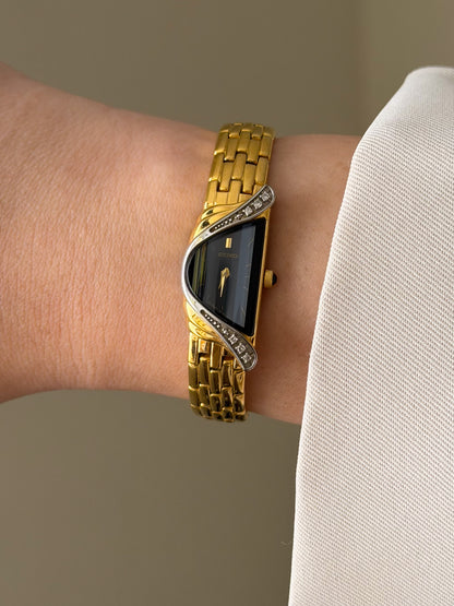 RARE Vintage 1990s Gold Seiko Half Moon Watch With 6 Diamond Accent
