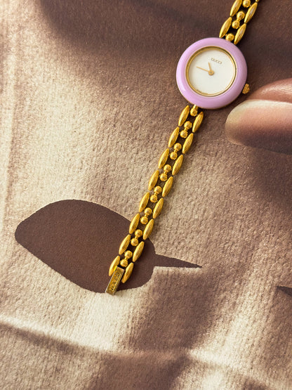 Vintage 1980s Gold Plated Gucci Interchangeable Bezel Watch With Rice Links Band