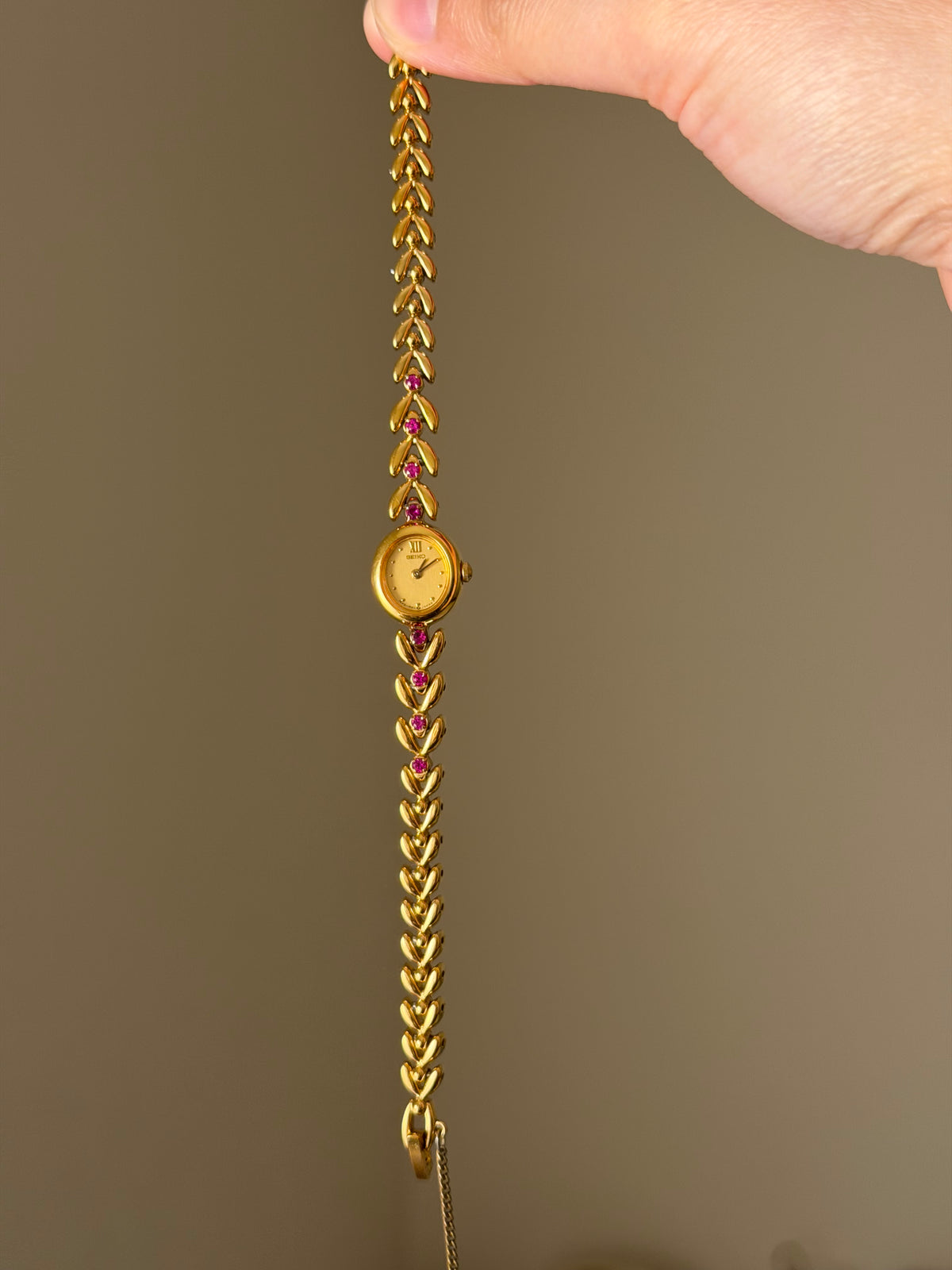 Very Rare 1990s Gold Vintage Seiko Watch With 8 Natural Ruby Gemstones