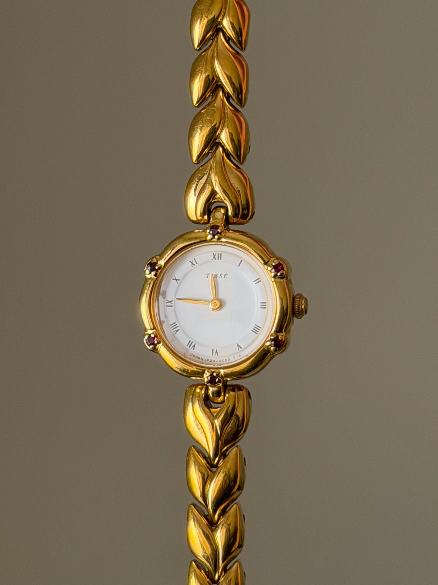 Very Rare 1990s Gold Vintage Seiko Tisse Watch With 6 Natural Ruby Gemstones