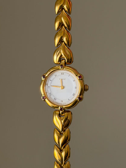 Very Rare 1990s Gold Vintage Seiko Tisse Watch With 6 Natural Ruby Gemstones