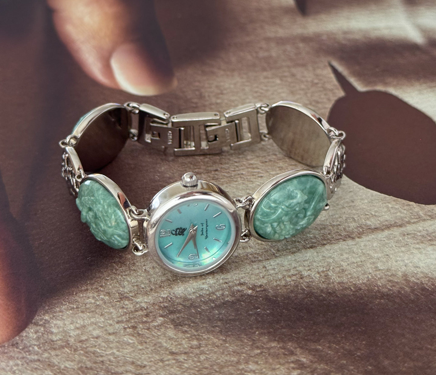Vintage Jade of Yesteryear Watch With Carved Stone Band and Turquoise Mother of Pearl Dial