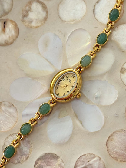Minimalist Gold Watch With Dainty Green Gemstone Bracelet Band