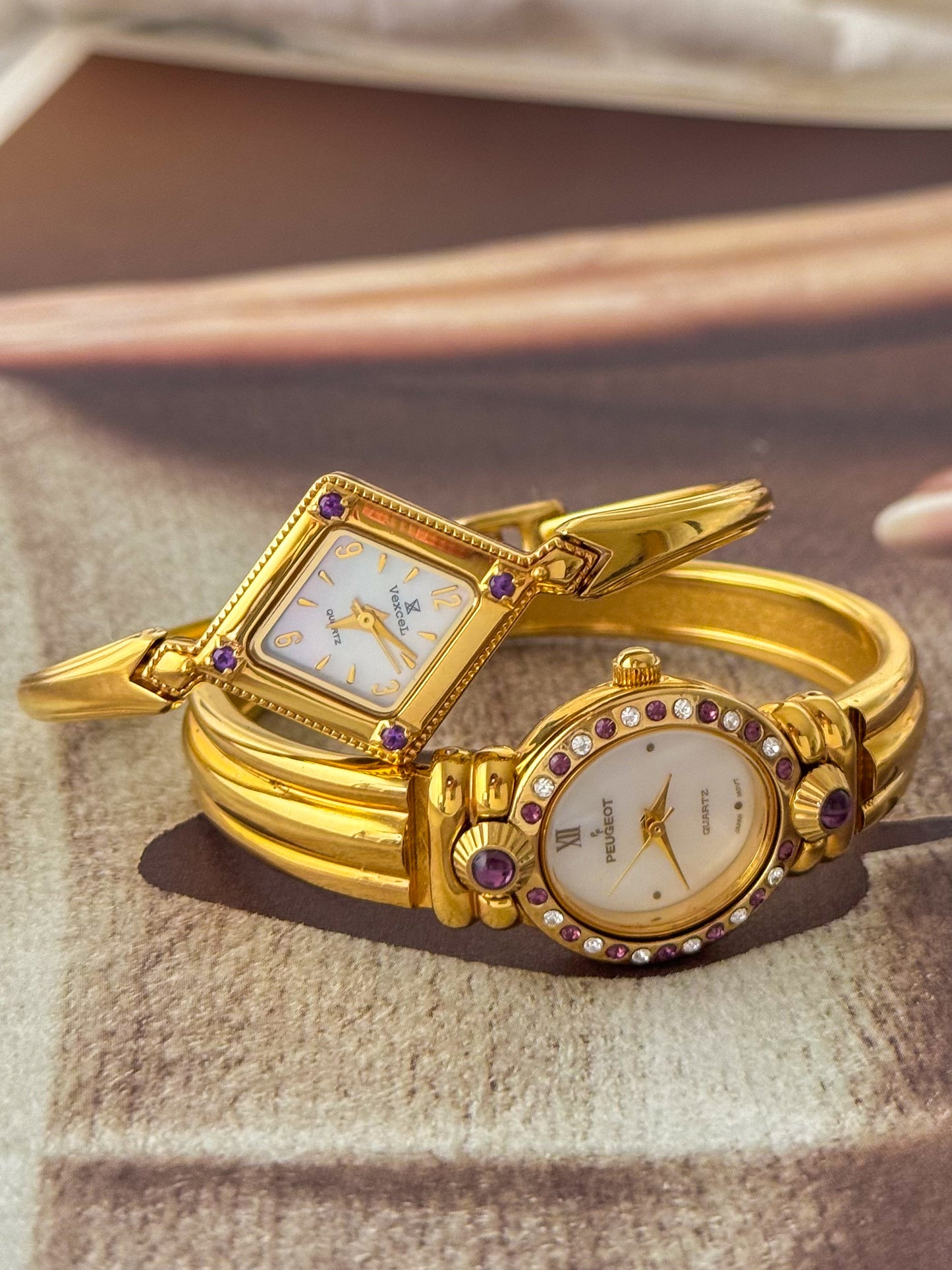 (Select a watch) Vintage Gold Bangle Watches With Purple Stones