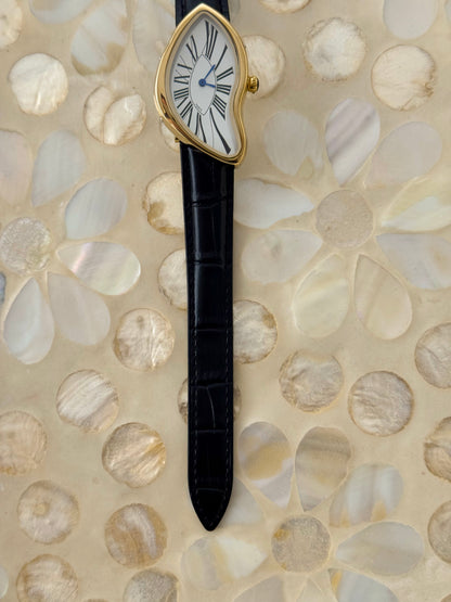 Y2K Vintage Inspired Gold Paris Dali Crash Melting Watch With Black Leather Band