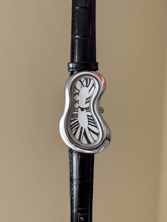Black Leather Band Salvador Dali Style Watch Silver Exaequo Inspired Softwatch