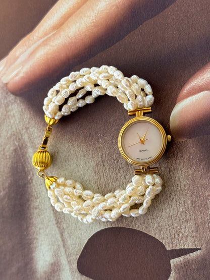 Vintage Japanese Keshi Pearl Gold Watch