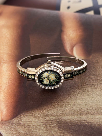 Vintage Black Enamel Andre Mouche Peekaboo Cuff Watch Bangle With Flower and Diamond Accent