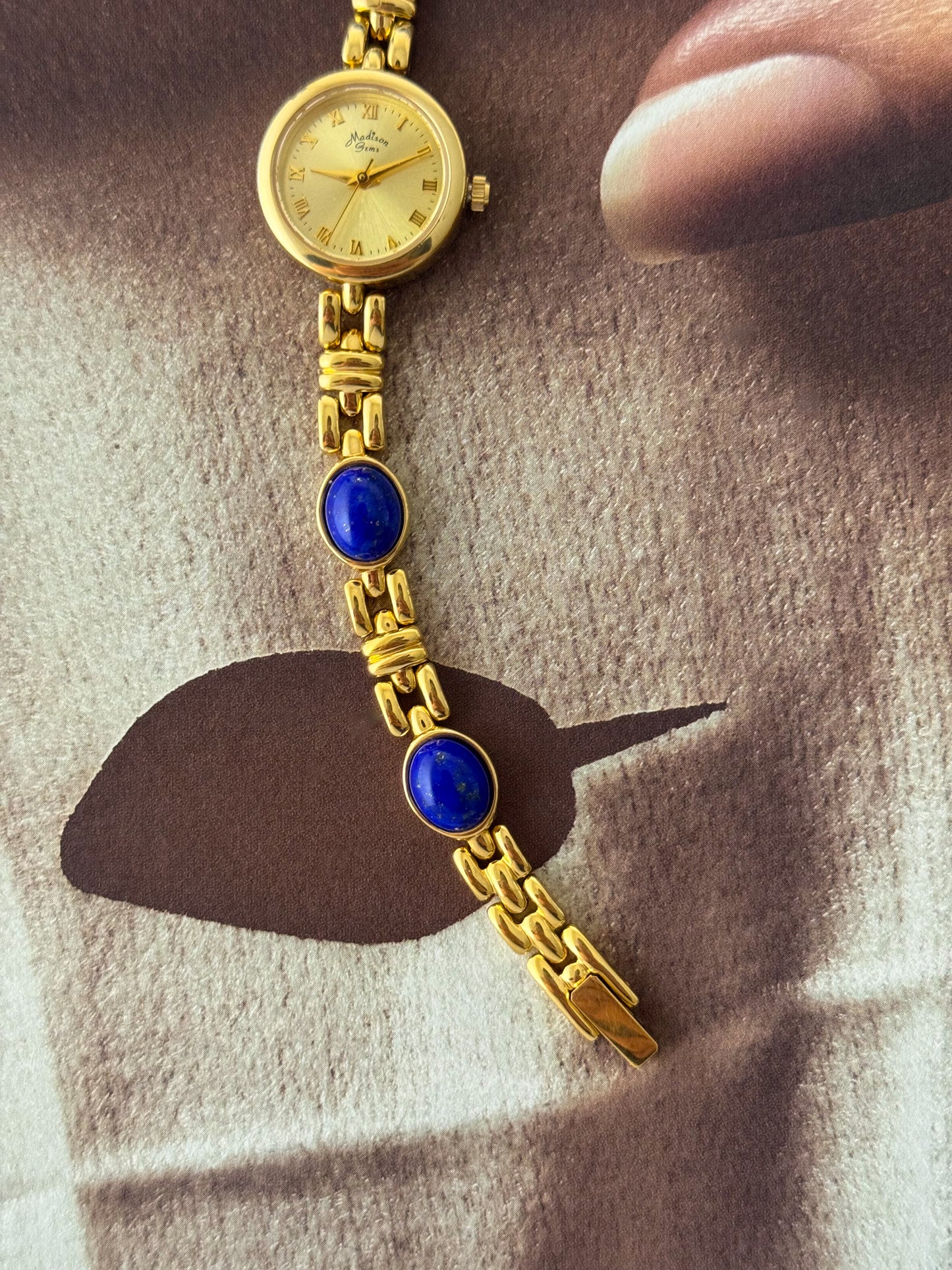 Vintage Madison Gem Gold Watch With Genuine Lapis Lazuli Stone Band
