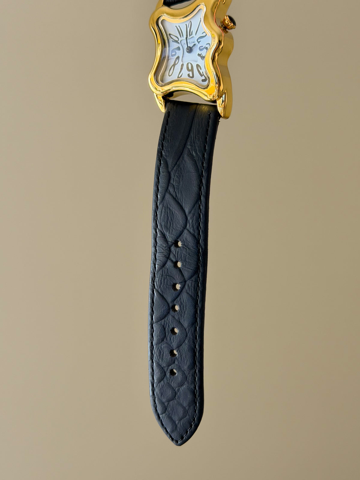 Surrealist Watch With Melting Wavy Gold Dial and Black Leather Band