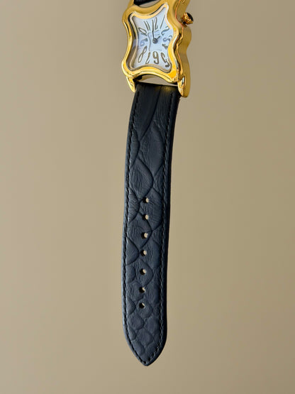 Surrealist Watch With Melting Wavy Gold Dial and Black Leather Band