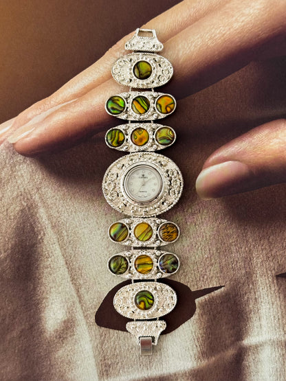 Maximalist Vintage Silver Watch With Natural Abalone