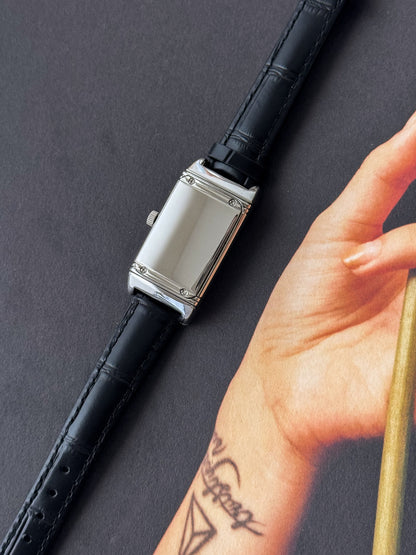 Reverso Style Silver Watch With Black Leather Band
