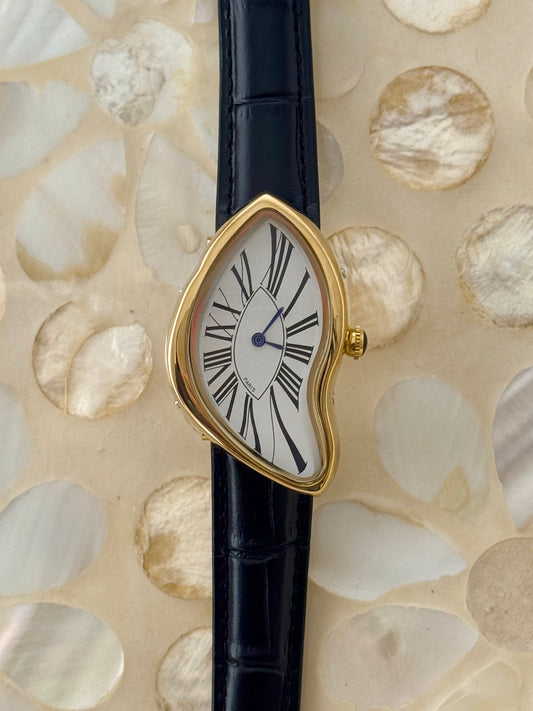 Y2K Vintage Inspired Gold Paris Dali Crash Melting Watch With Black Leather Band