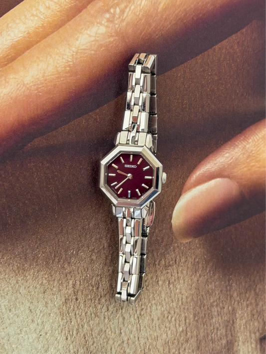 Vintage Silver Seiko Watch With Burgundy Octagonal Dial 1F20