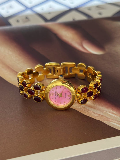 Vintage Marcel Drucker Watch With Pink Dial and Garnet Stone Band