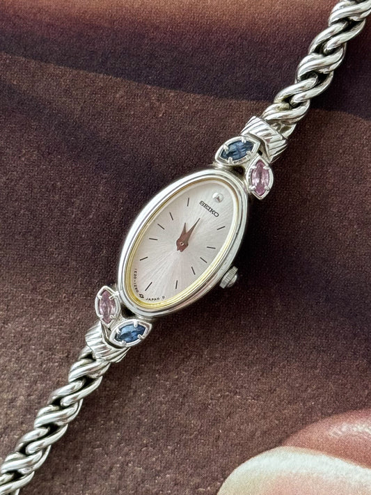 Extremely Rare 1990s Silver Seiko Watch With Genuine Gemstones Oval Face and Dainty Rope Band