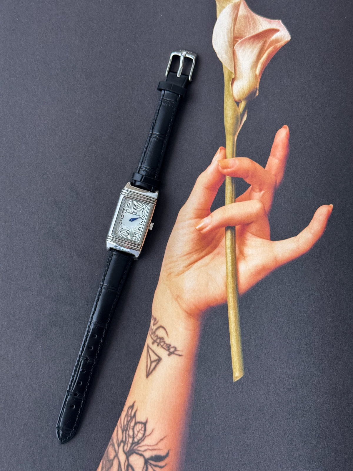 Reverso Style Silver Watch With Black Leather Band