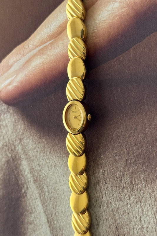 Dainty 1990s Gold Plated Seiko Watch with Petite Oval Dial