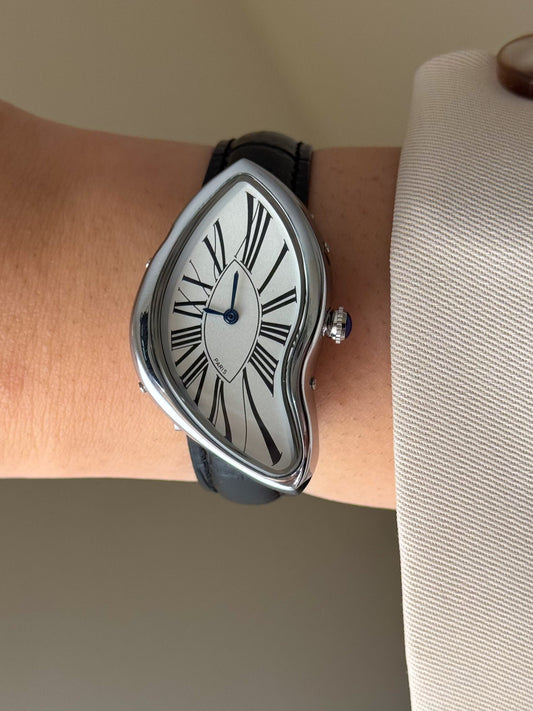Y2K Vintage Inspired Silver Paris Dali Crash Melting Watch With Black Leather Band