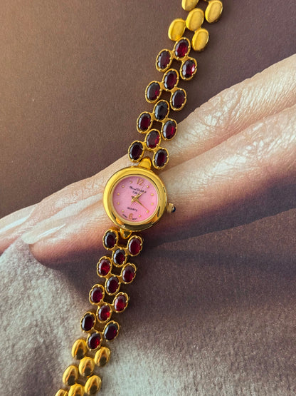Vintage Marcel Drucker Watch With Pink Dial and Garnet Stone Band