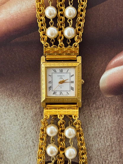 Vintage Kenneth Jay Lane (KJL) Gold Watch With Pearl Band and Square Case