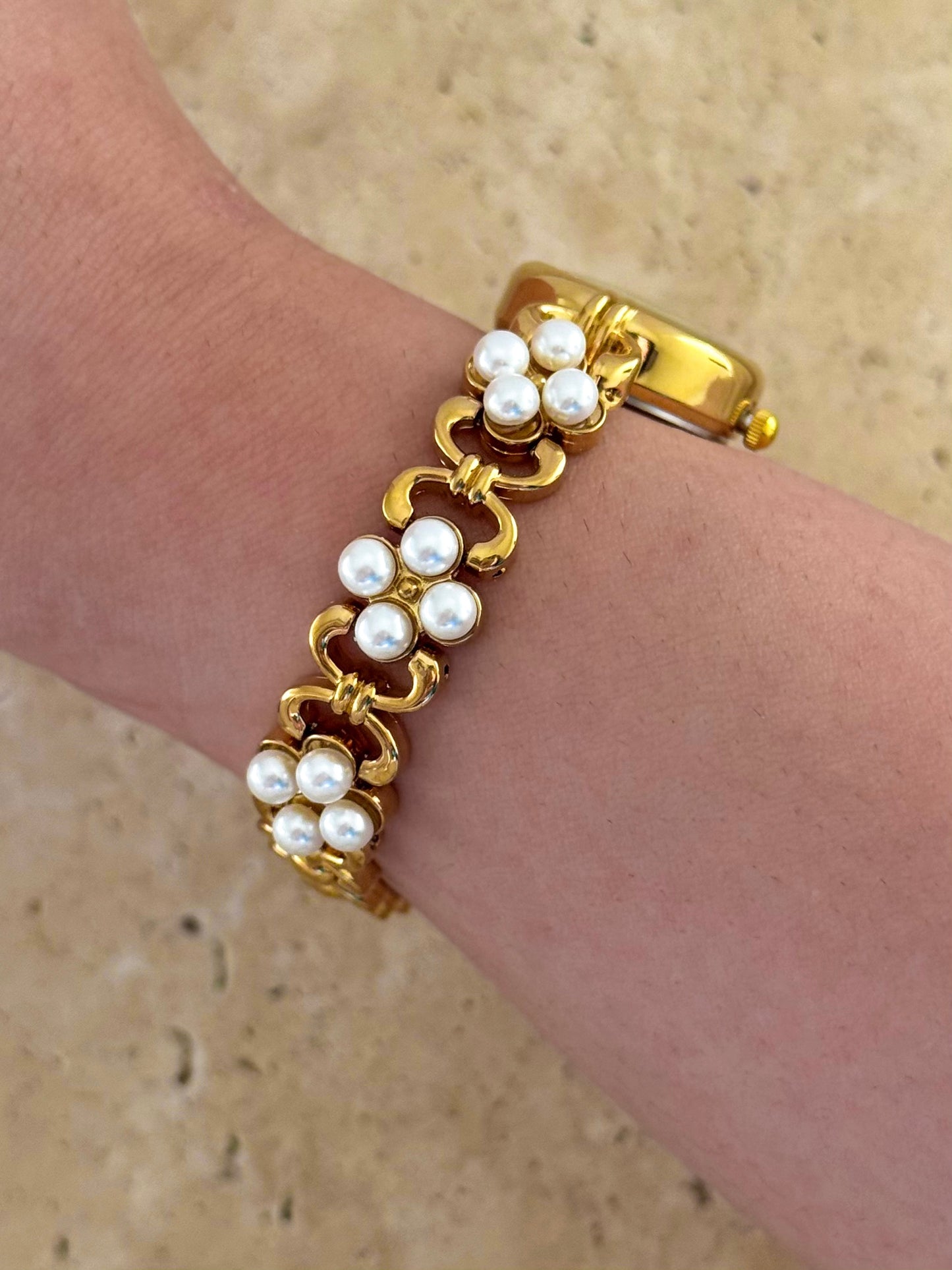 Minimalist Gold Watch With Pearl Bracelet Band
