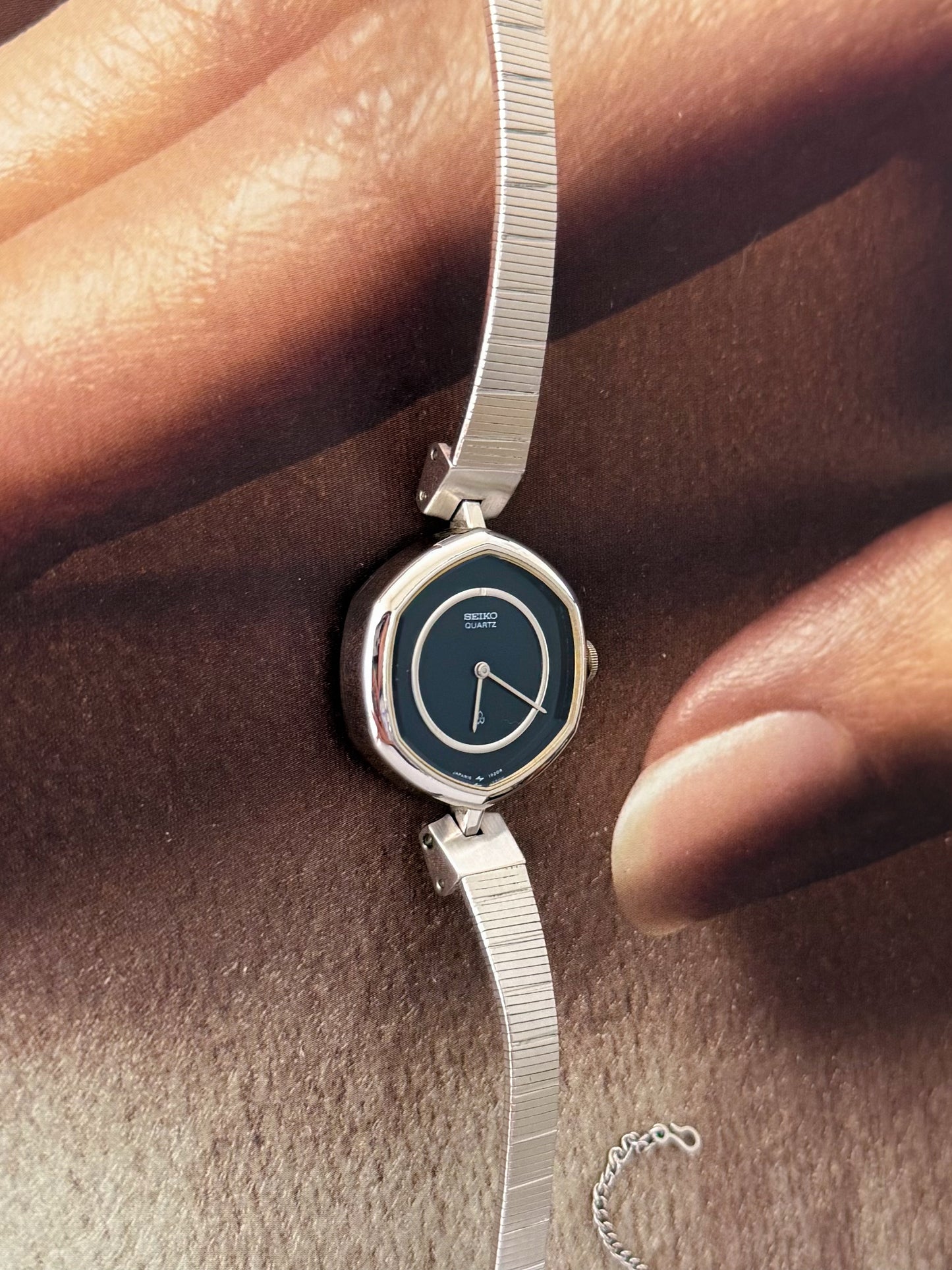 Vintage Silver Seiko Watch With Navy Blue Hexagon Dial