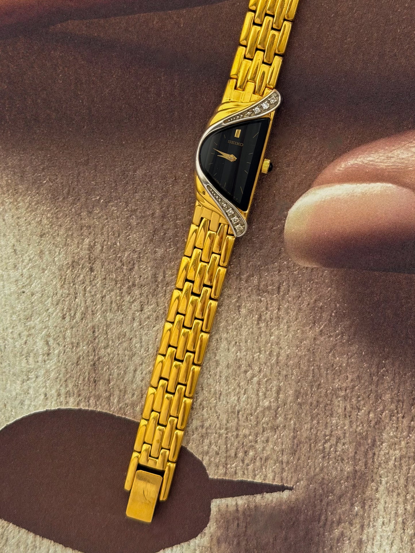 RARE Vintage 1990s Gold Seiko Half Moon Watch With 6 Diamond Accent