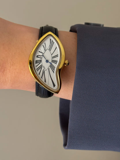 Y2K Vintage Inspired Gold Paris Dali Crash Melting Watch With Black Leather Band