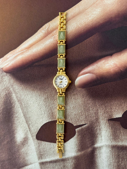 Vintage Vivani Gold Watch With Swirl Green Stone Band