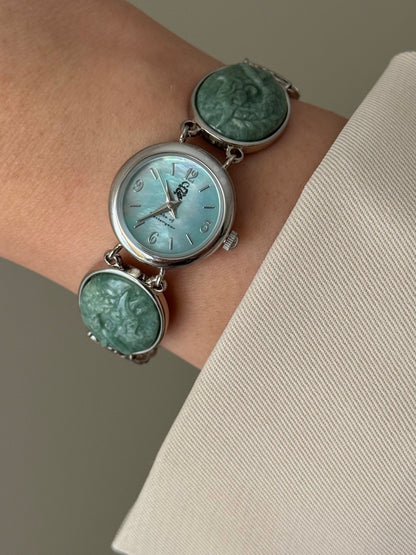 Vintage Jade of Yesteryear Watch With Carved Stone Band and Turquoise Mother of Pearl Dial