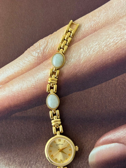 Vintage Gem Time Gold Watch With Natural Jade Stone Band