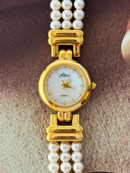 Vintage Pierre Jacquard Gold Watch With Pearl Band and Round Mother Of Pearl Case